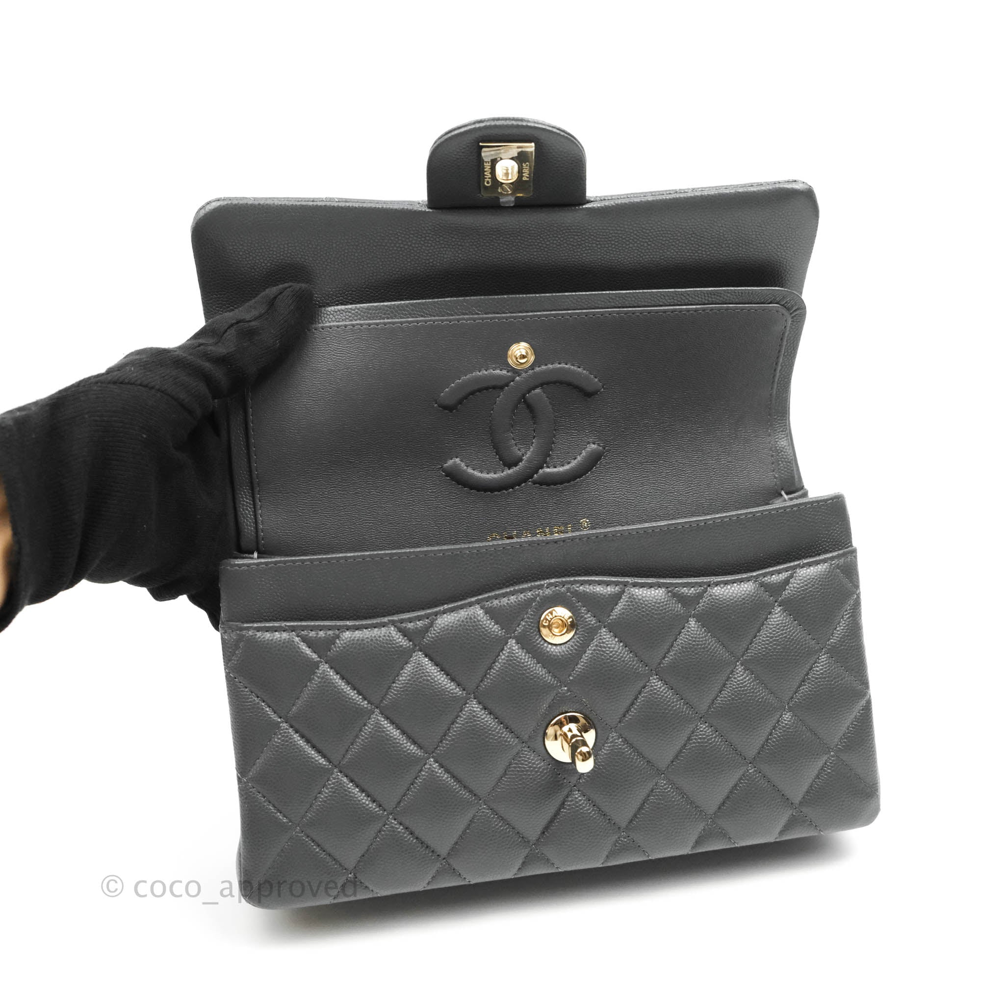 Chanel Classic Small S/M Flap Dark Grey Caviar Gold Hardware 21B