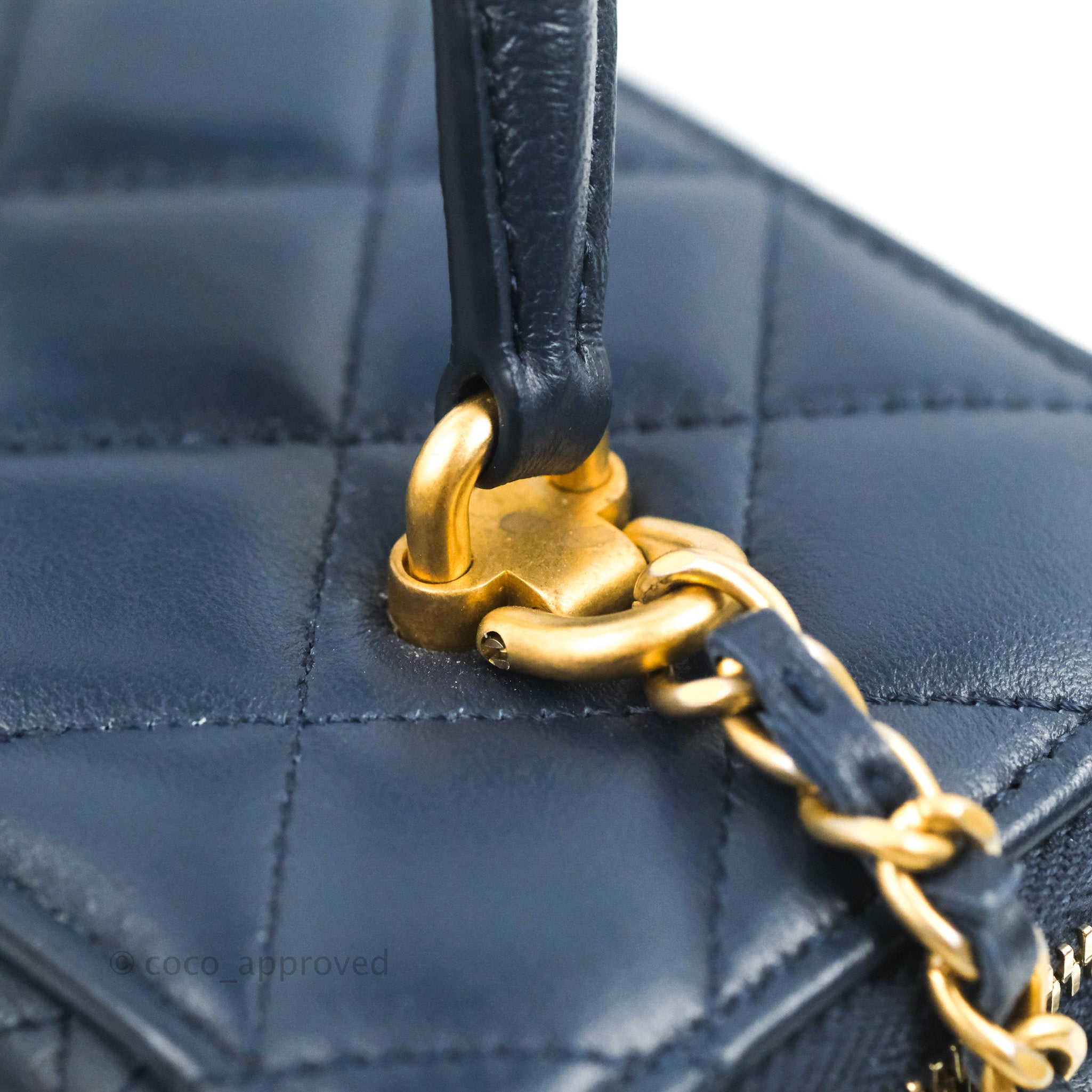 Chanel Vanity Rectangular Metal Top Handle Navy Lambskin Aged Gold Har –  Coco Approved Studio