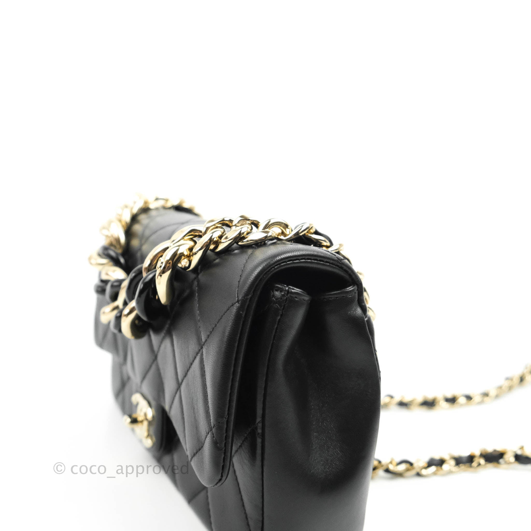 Chanel 21K Perfect Mini Flap Bag In Black Lambskin With Pearl