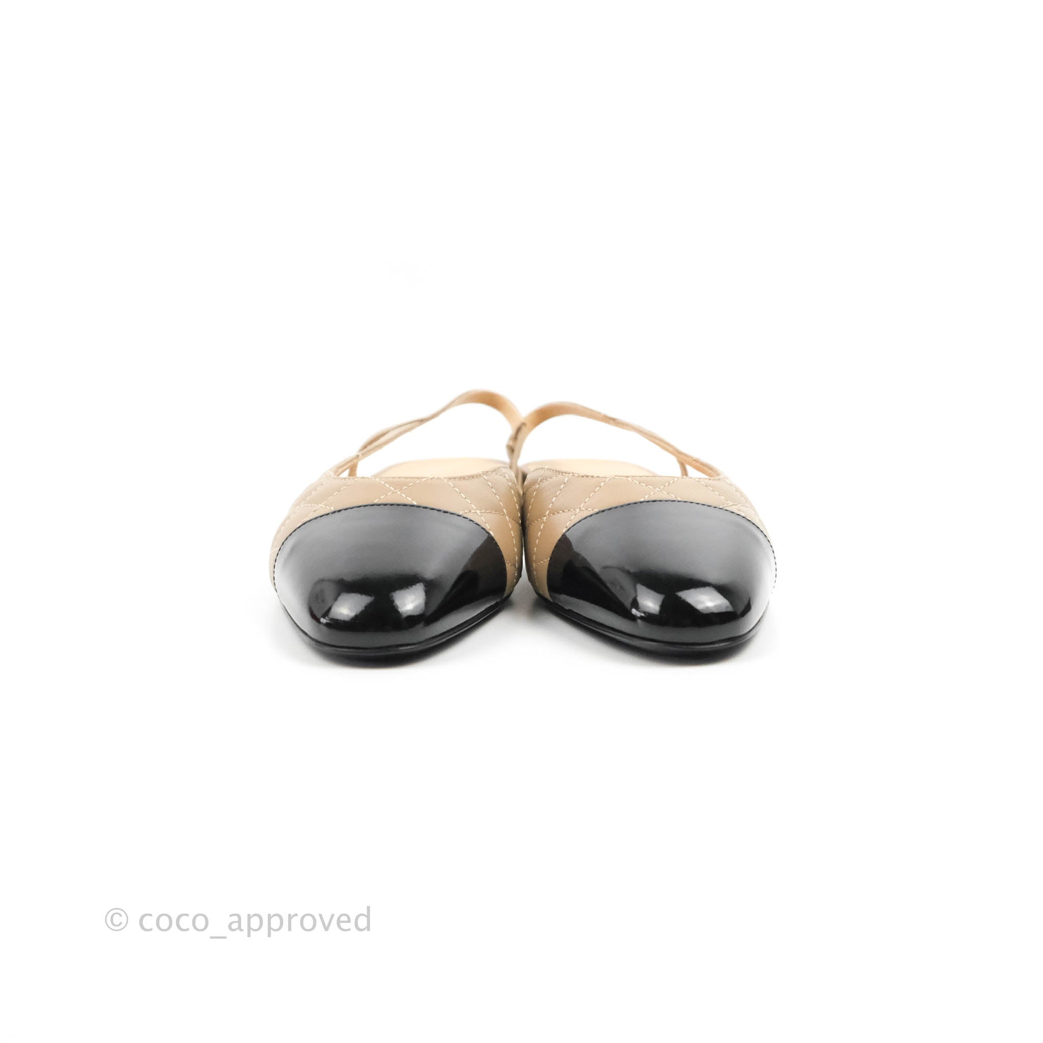 Chanel Patent Calfskin Black & Quilted Beige Lambskin Slingbacks