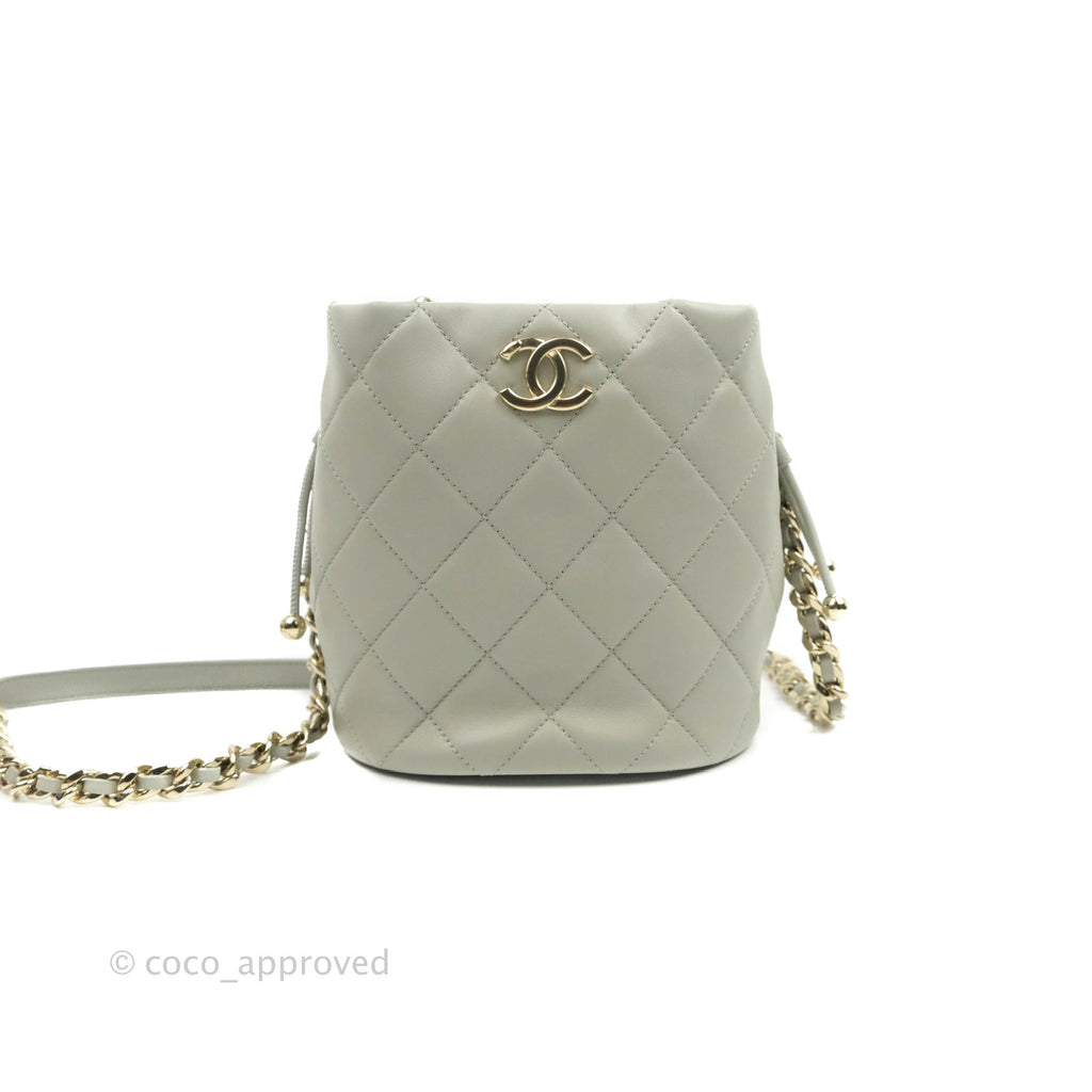 Chanel Quilted Drawstring Bucket Bag Grey Lambskin Gold Hardware