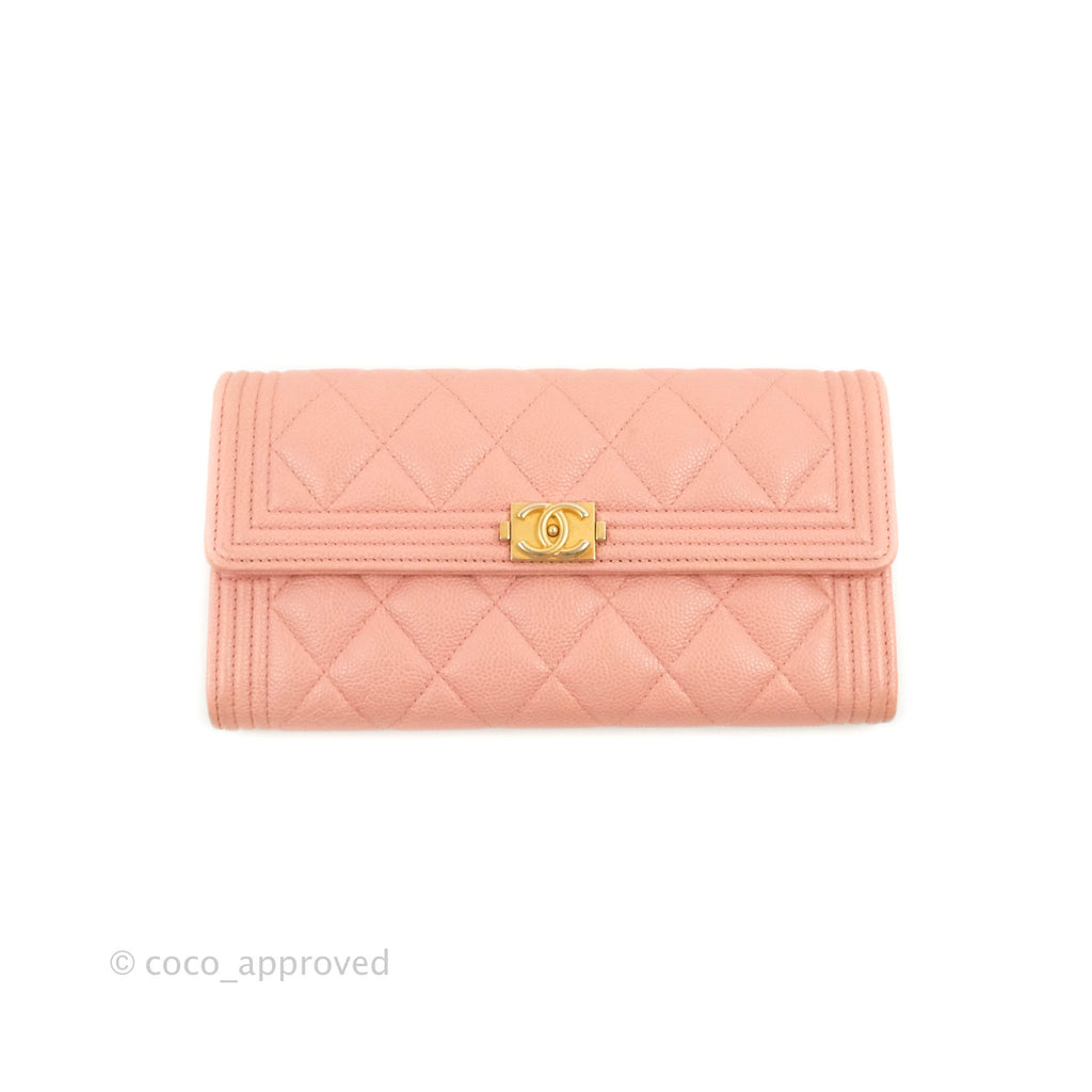 Chanel Quilted Boy Flap Long Wallet Pink Caviar Aged Gold Hardware