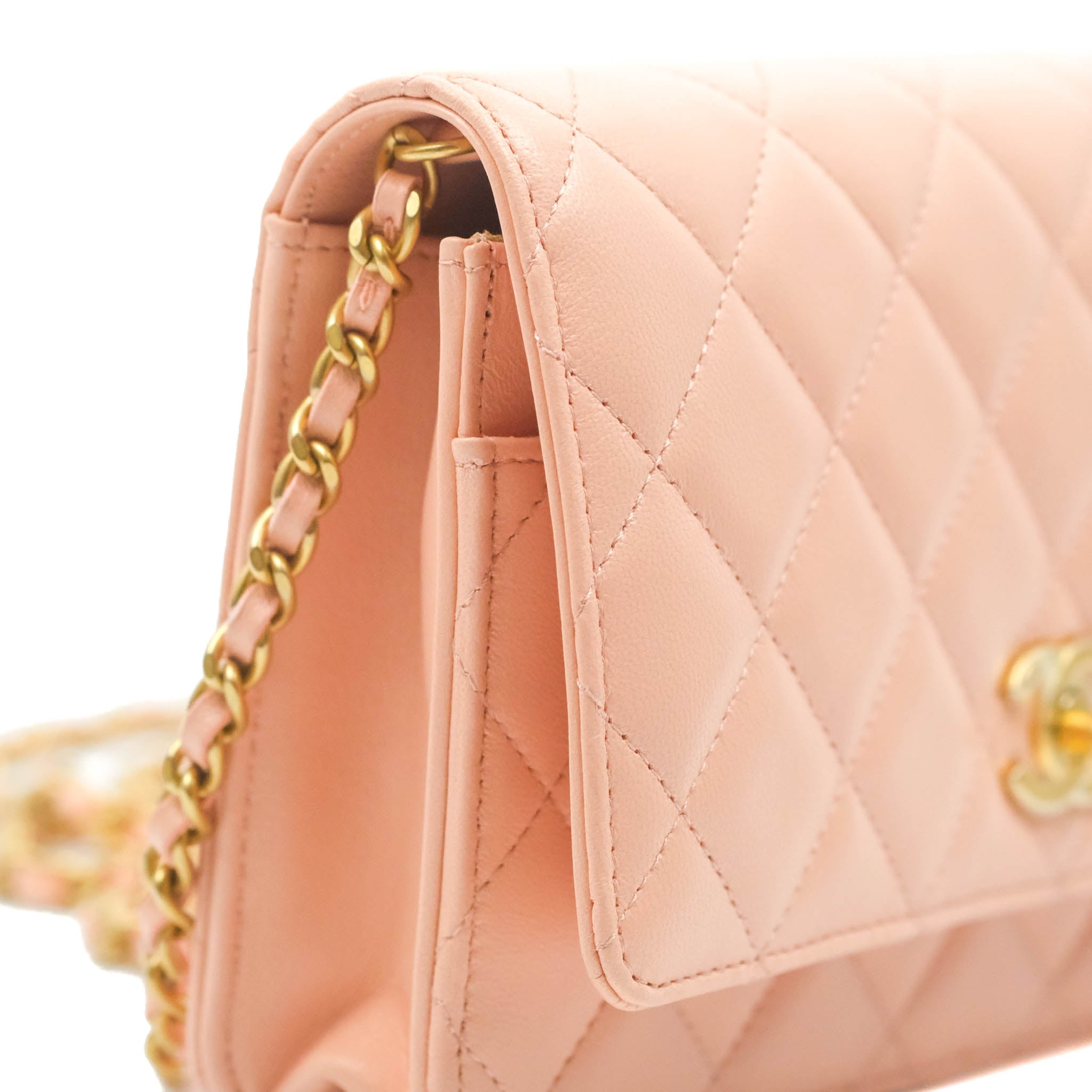 Chanel Quilted Pearl Crush Wallet on Chain WOC Pink Lambskin Aged Gold –  Coco Approved Studio