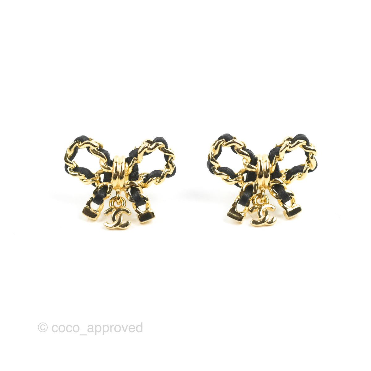 Chanel Lambskin Chain Bow Stud Earrings Black Gold 22A