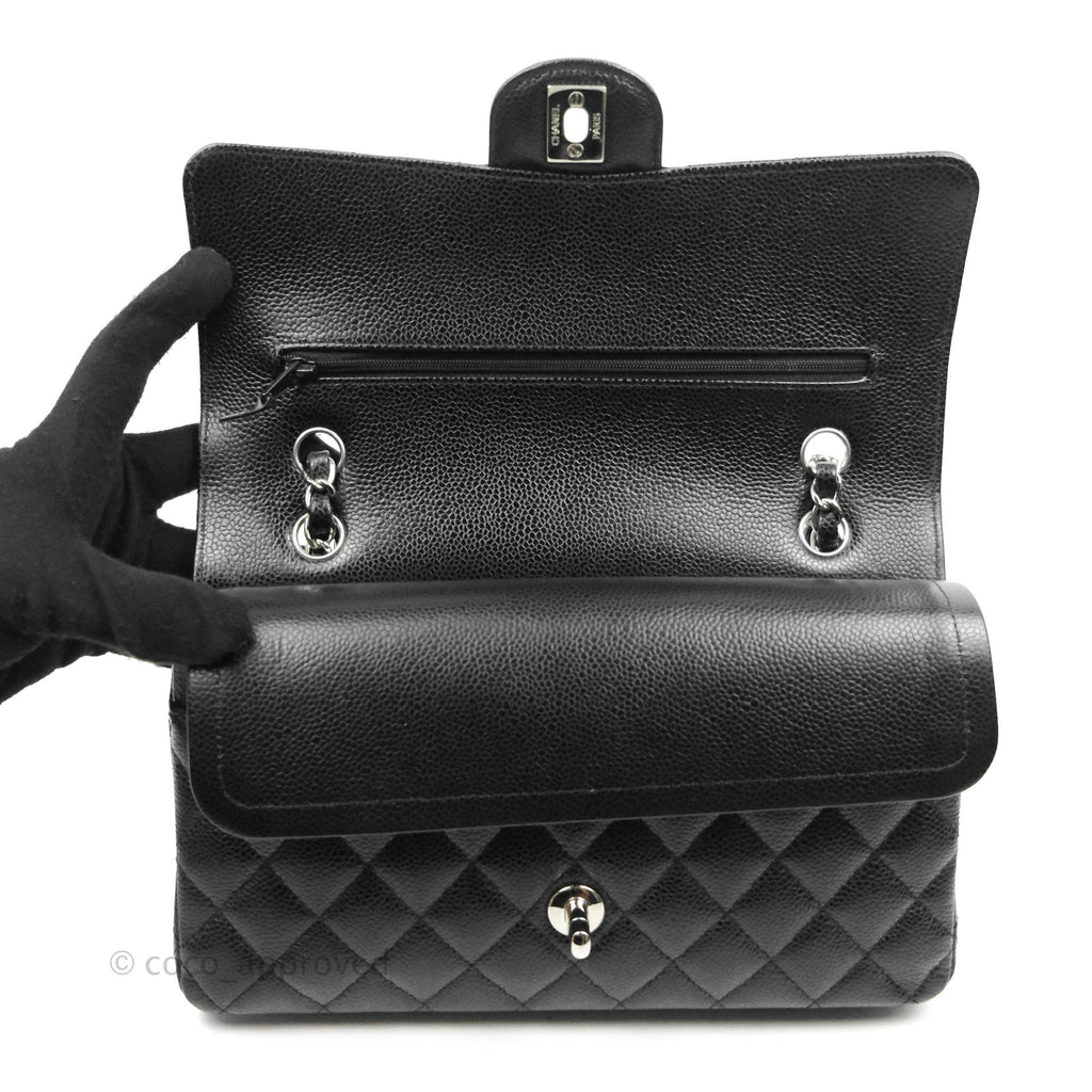 Chanel Classic M/L Medium Double Flap Bag Black Caviar Silver Hardware