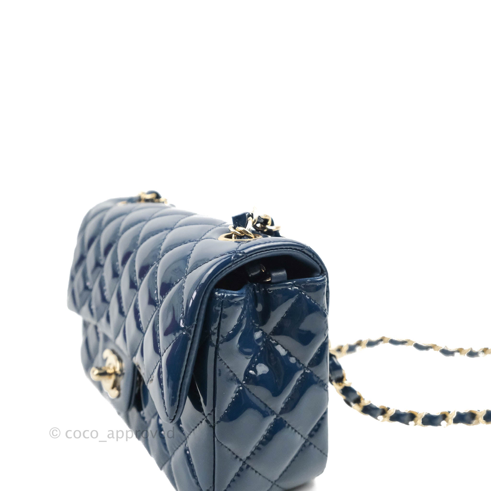 Chanel Quilted Mini Rectangular Flap Navy Patent Leather Gold Hardware –  Coco Approved Studio