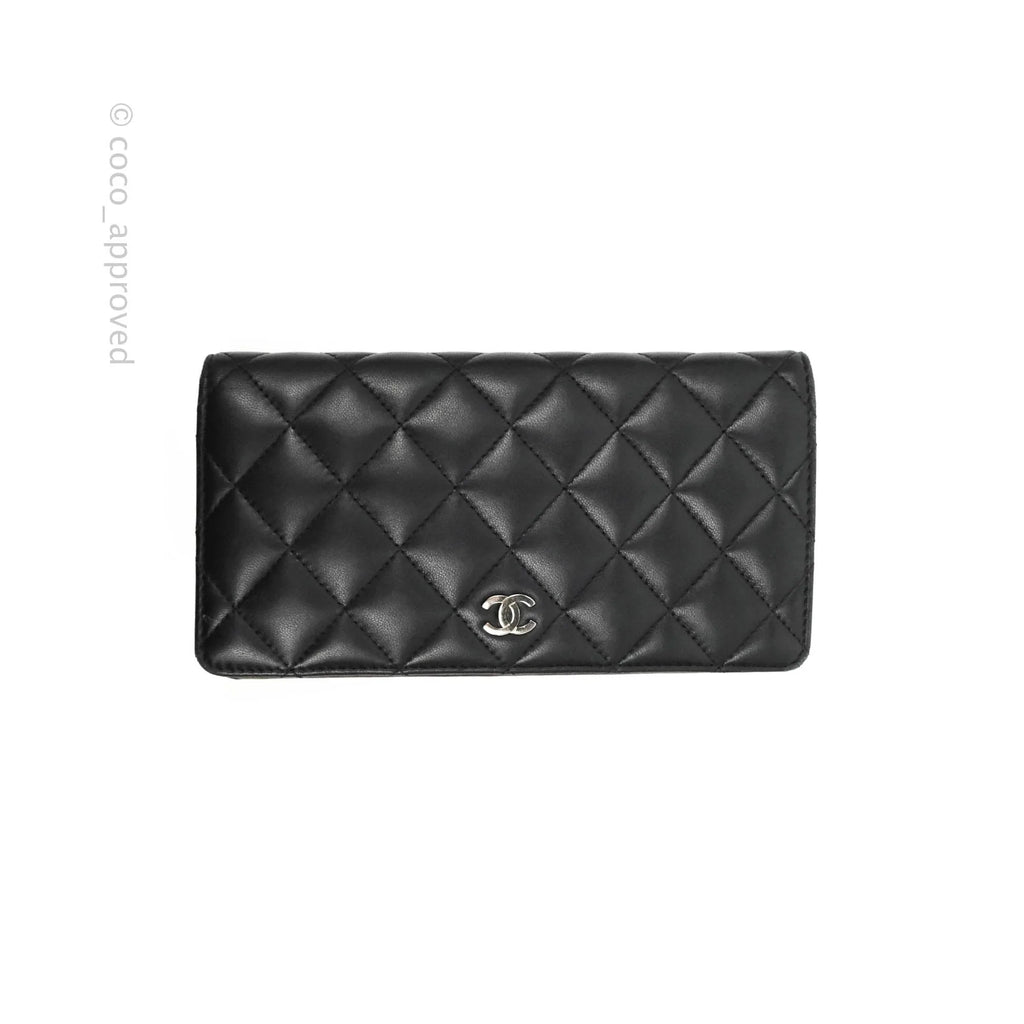 Chanel Quilted Long Wallet Black Lambskin Silver Hardware