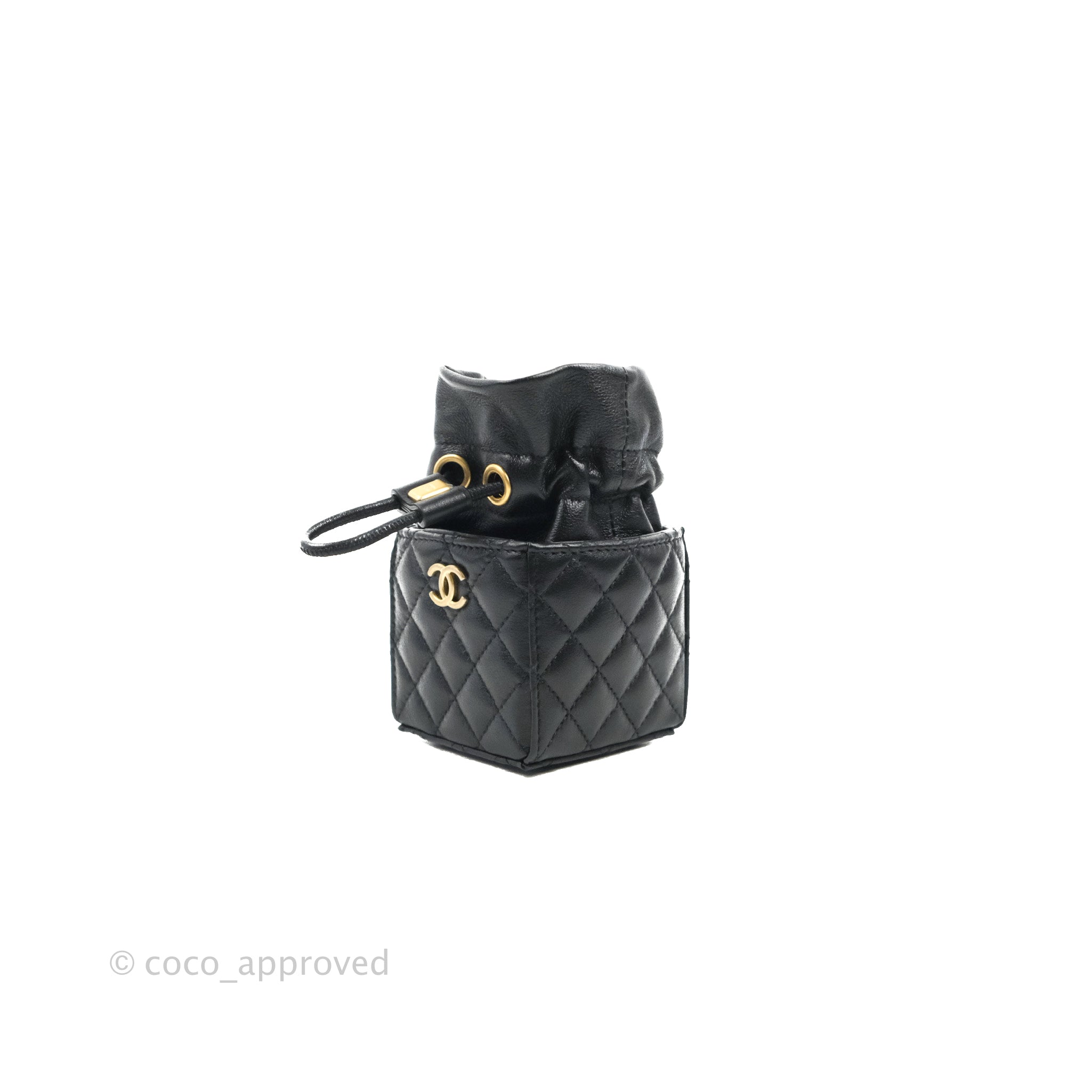 Chanel Mini Drawstring Bucket Bag with Chain Black Calfskin Aged Gold –  Coco Approved Studio