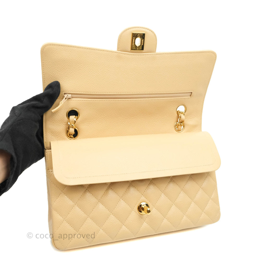 Chanel Classic Medium Flap Quilted Beige Caviar Gold Hardware