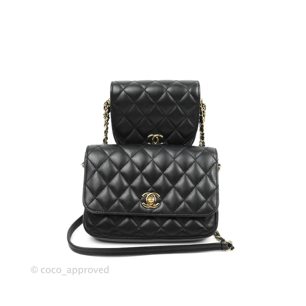 Chanel Classic Twin Flap Bag Side Pack Black Quilted Lambskin Gold Hardware