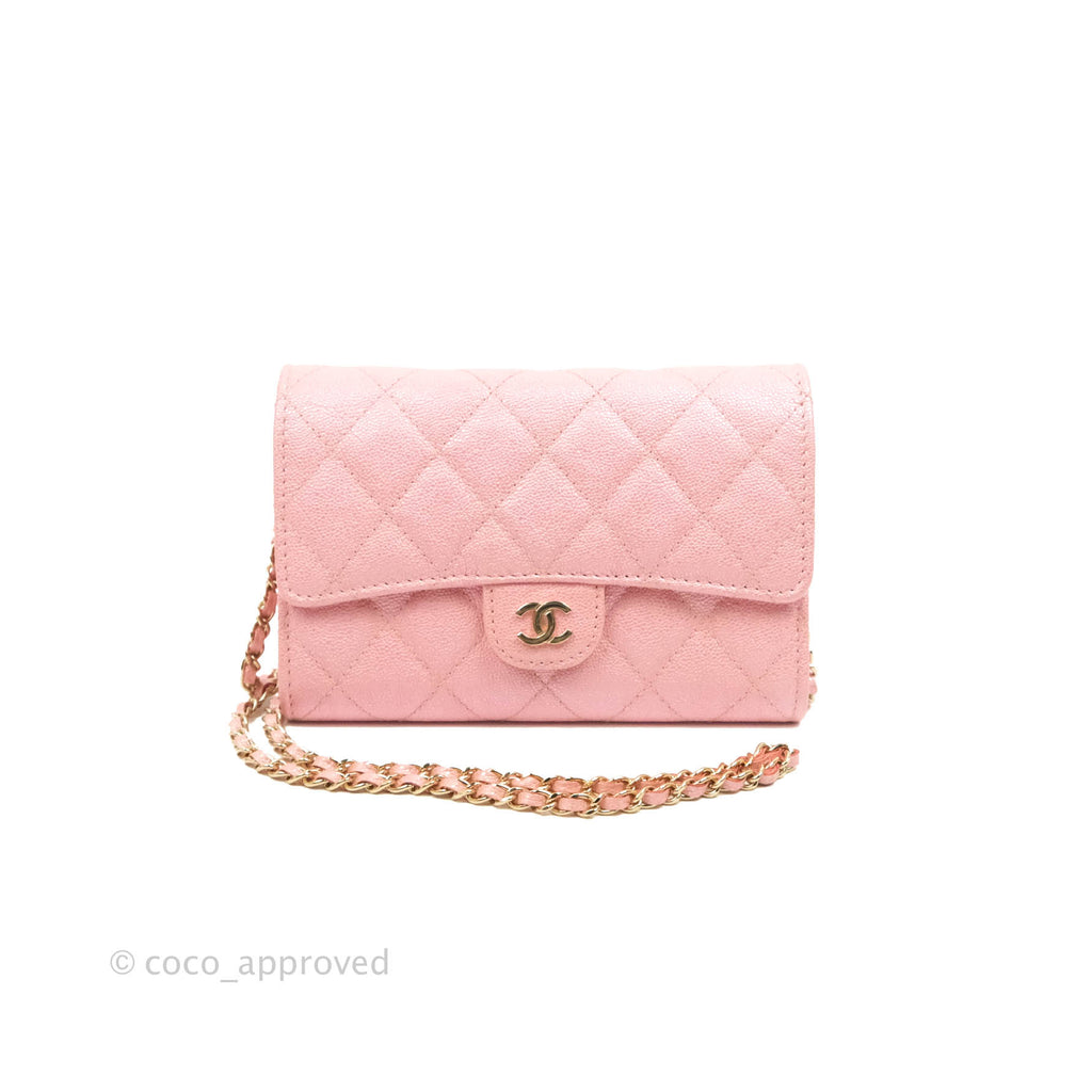 Chanel Mini Quilted Wallet On Chain WOC Caviar Iridescent Pink Gold Hardware