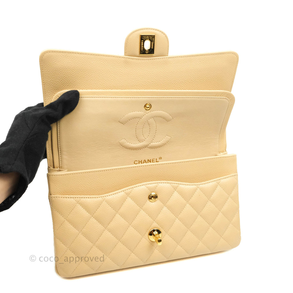 Chanel Classic Medium Flap Quilted Beige Caviar Gold Hardware