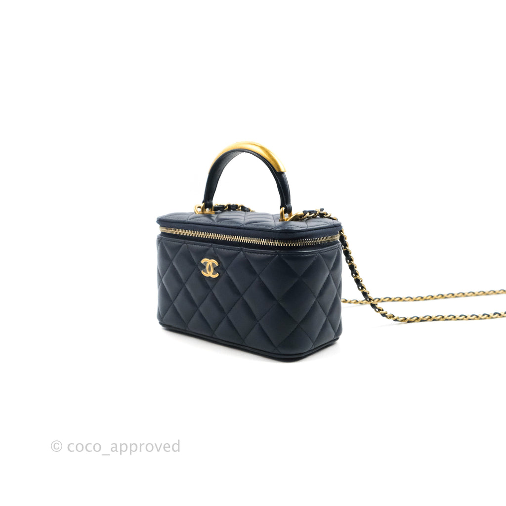 Chanel Vanity Rectangular Metal Top Handle Navy Lambskin Aged Gold Hardware 22B