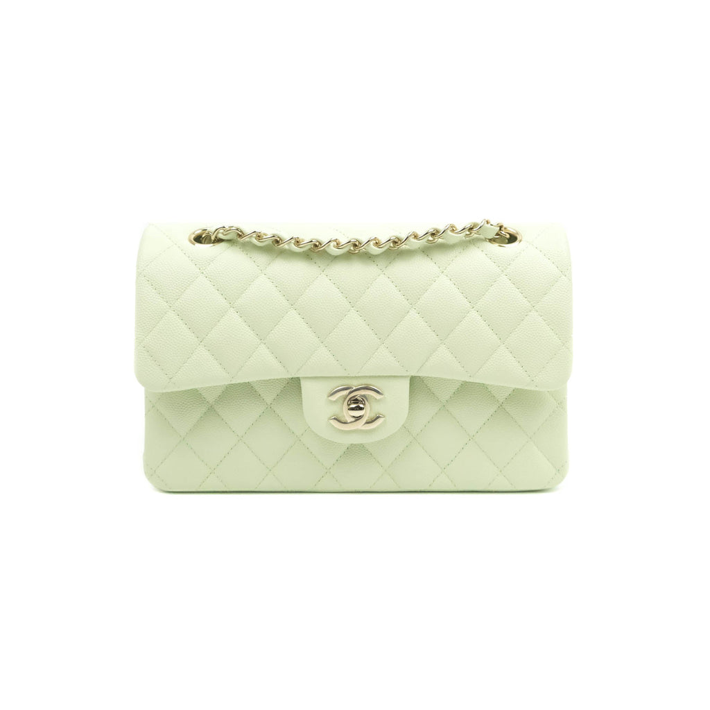 Chanel Small Classic Quilted Flap Light Green Caviar Gold Hardware