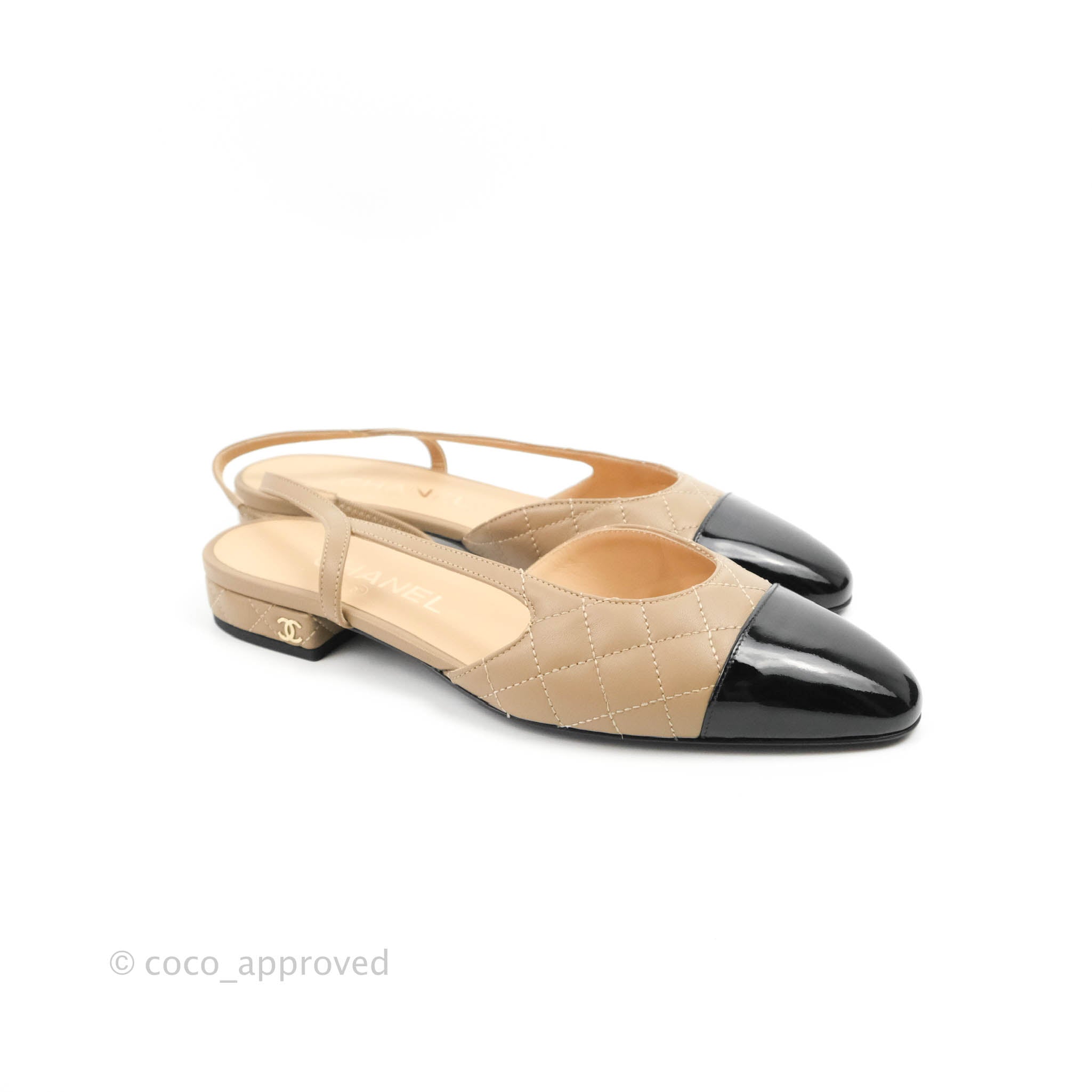 Chanel Patent Calfskin Black & Quilted Beige Lambskin Slingbacks Size –  Coco Approved Studio