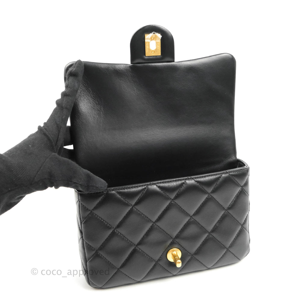 Chanel Quilted Pending CC Enamel Mini Square Flap Black Lambskin Aged Gold Hardware 22P