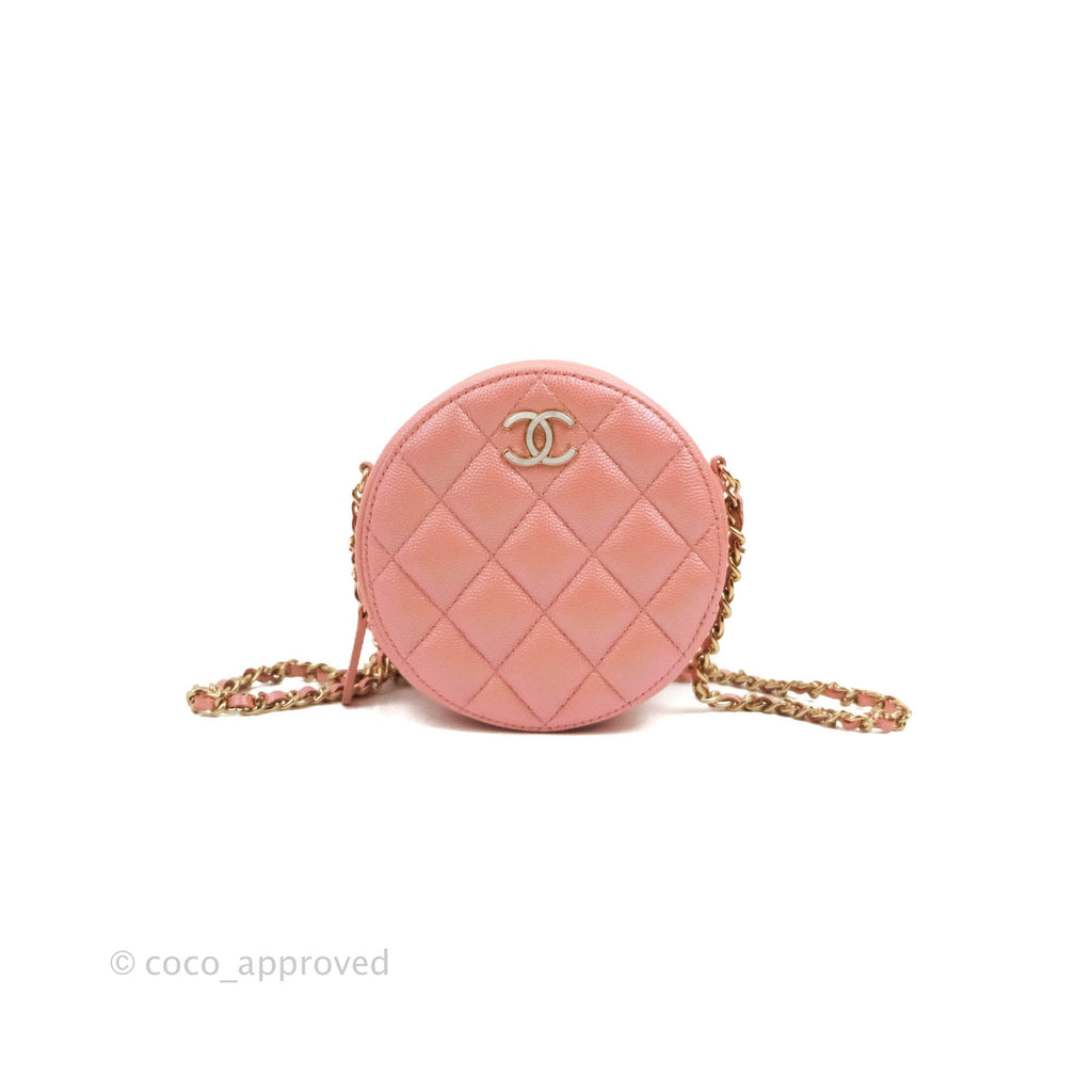 Chanel Classic Quilted Round Clutch With Chain Iridescent Pink Caviar Gold Hardware 19S