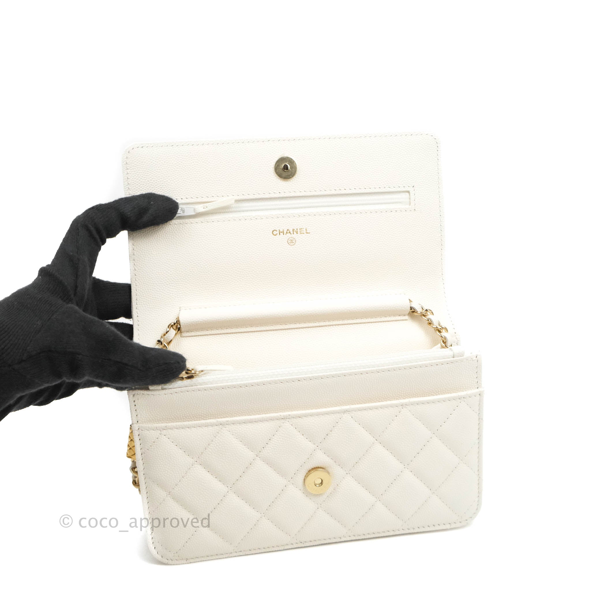 Chanel Quilted WOC White Caviar Gold Hardware With Charms – Coco