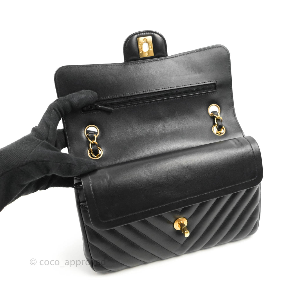 Chanel Classic Chevron S/M Small Double Flap Black Lambskin Gold Hardware