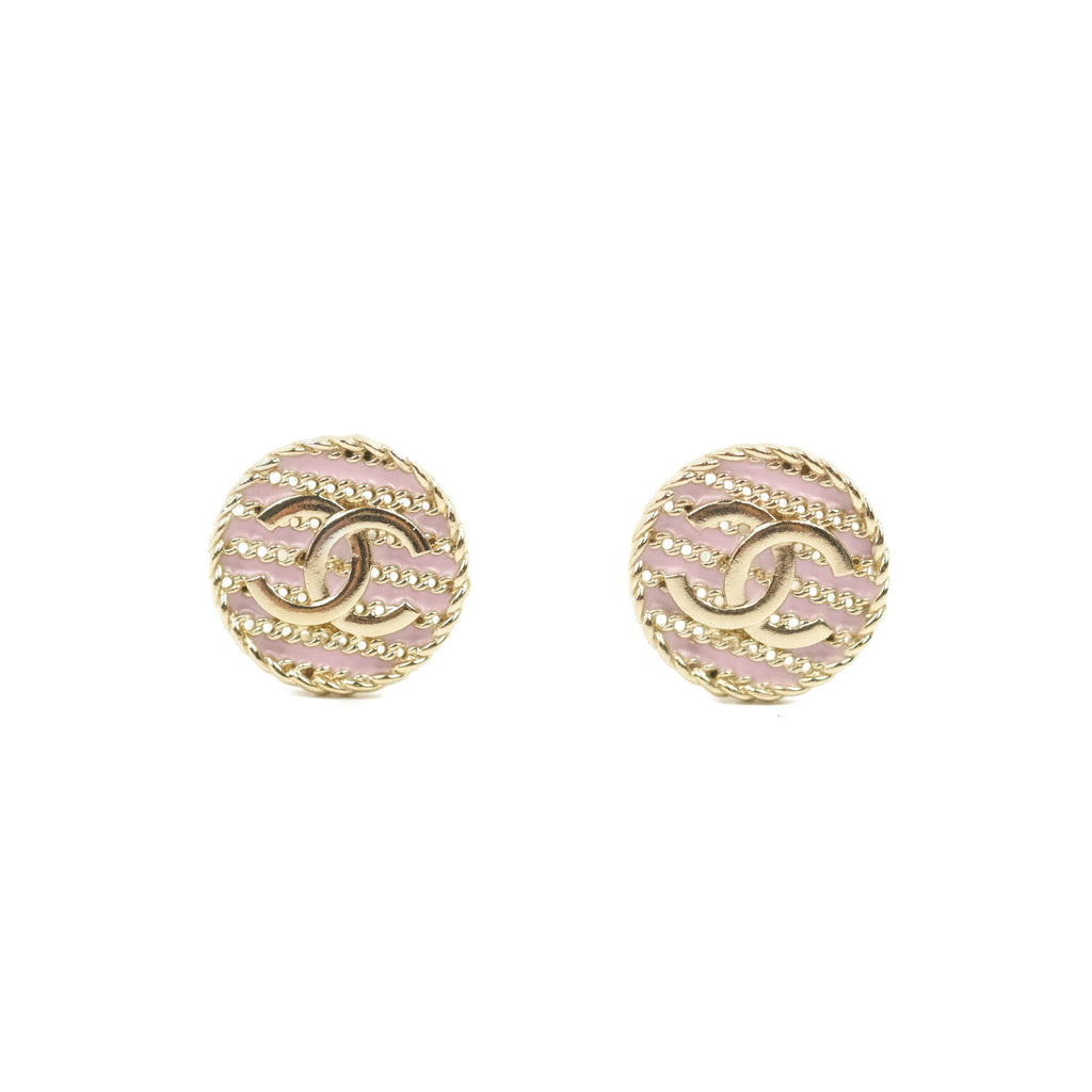 Chanel CC Pink Round Earrings Gold Tone 19C