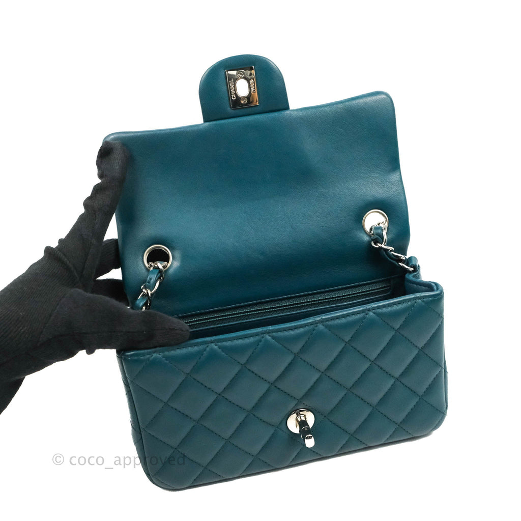 Chanel Quilted Mini Rectangular Flap Teal Lambskin Silver Hardware