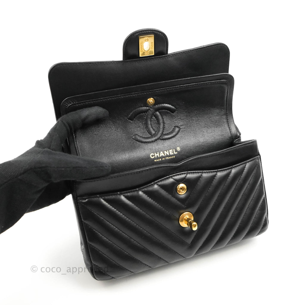 Chanel Classic Chevron S/M Small Double Flap Black Lambskin Gold Hardware