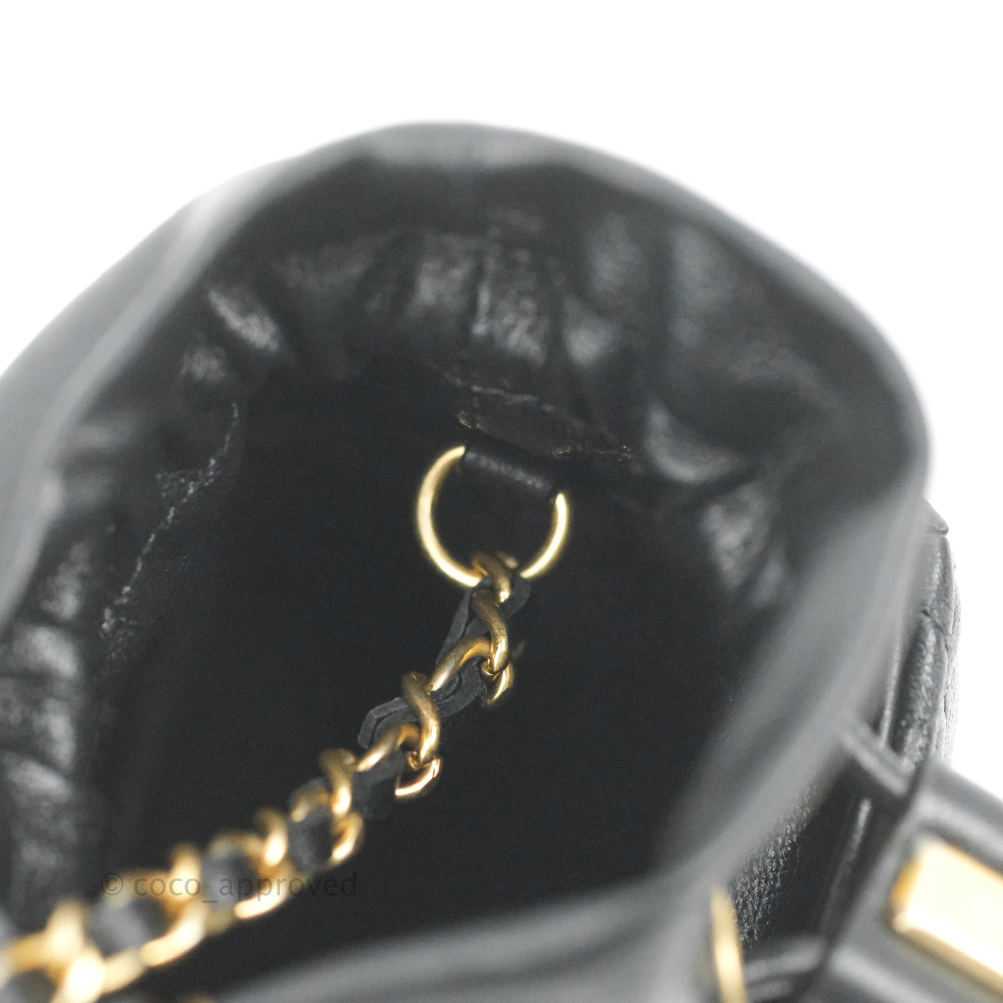 Chanel Quilted Drawstring Pearl Flower Bucket Bag Black Lambskin