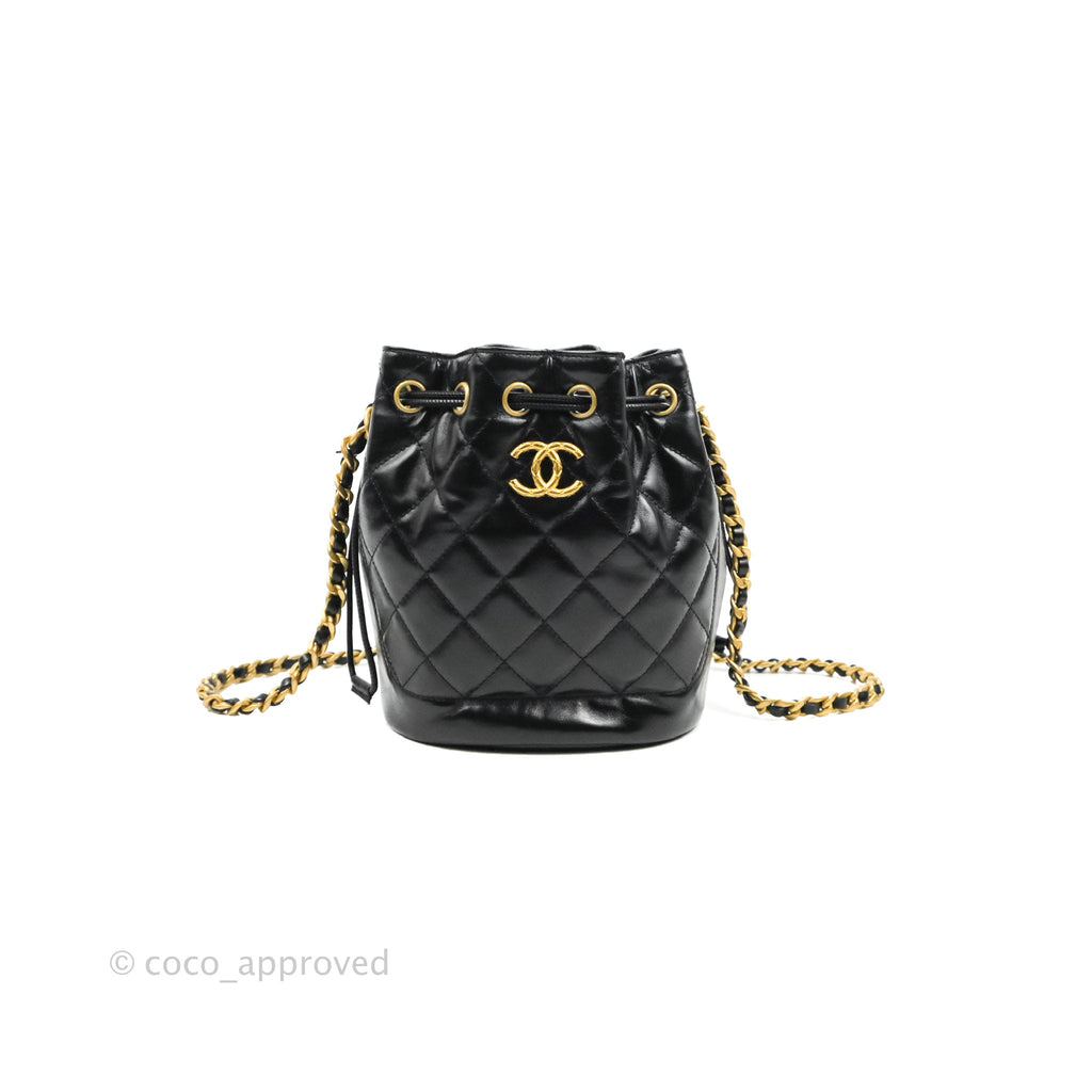 Chanel Quilted Drawstring Bucket Bag Black Calfskin Aged Gold Hardware
