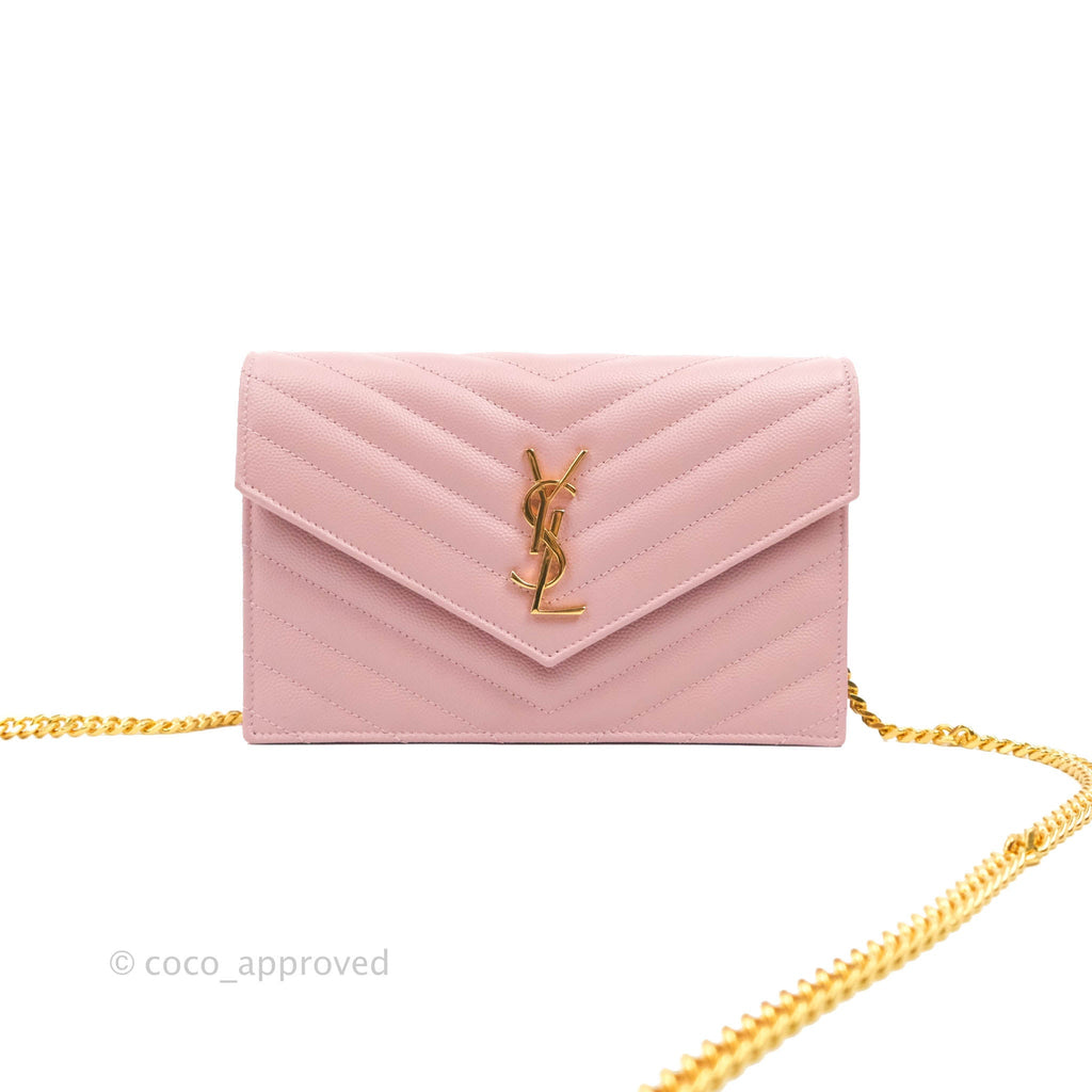 Saint Laurent Wallet on Chain Pink Grained Leather Gold Hardware
