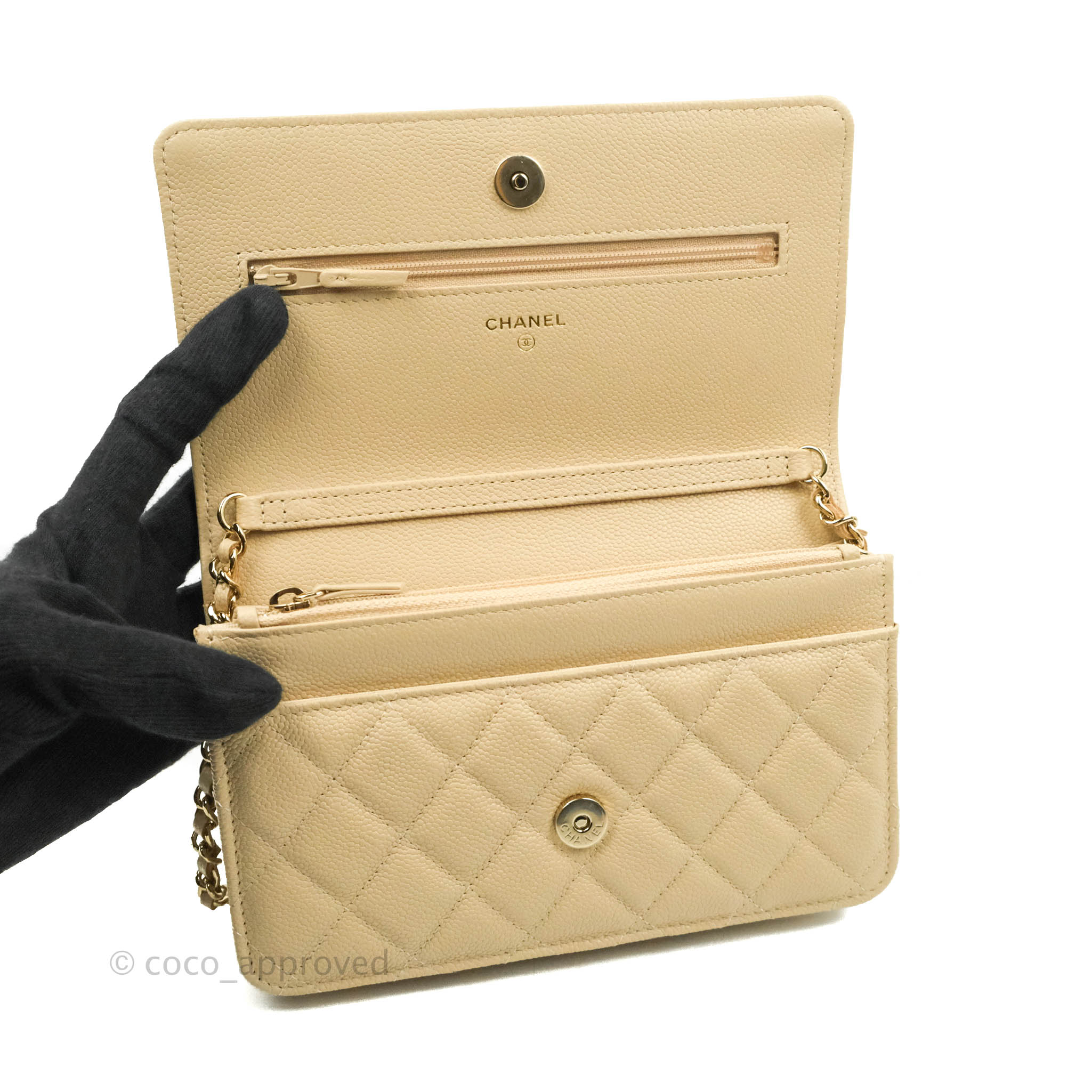 Chanel Quilted Wallet on Chain WOC Beige Caviar Gold Hardware