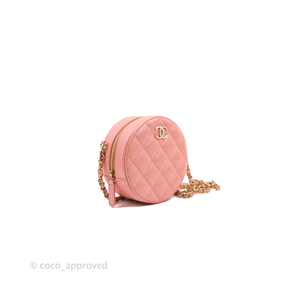Chanel Classic Quilted Round Clutch With Chain Iridescent Pink Caviar Gold Hardware 19S