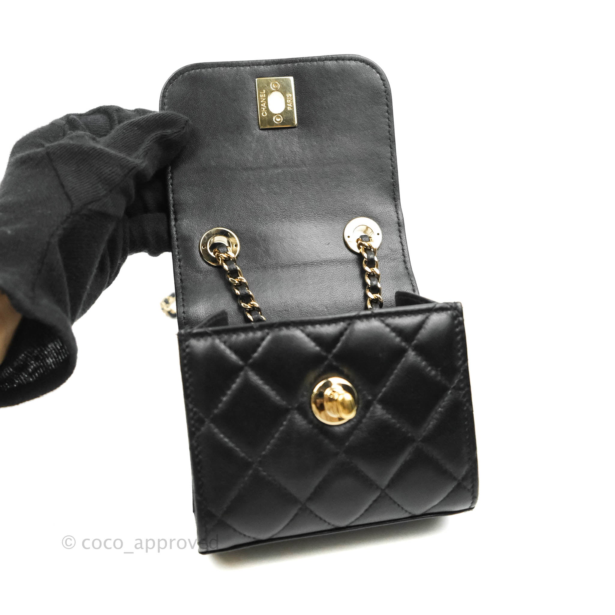Chanel Gold Quilted Lambskin Mini Phone Holder Clutch