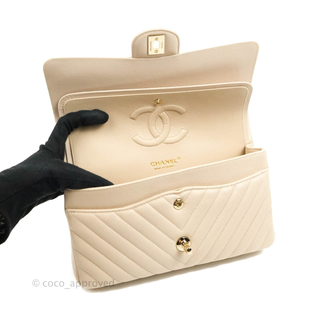 Chanel Classic M/L Medium Double Flap Chevron Ivory Caviar Gold Hardware