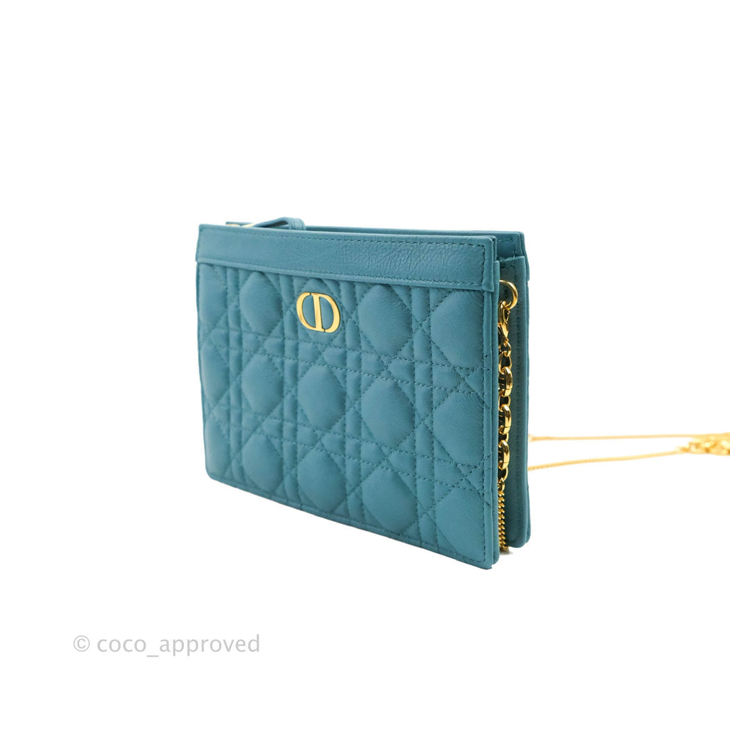 Dior Caro Zipped Pouch With Chain Azure Blue Supple Cannage Calfskin