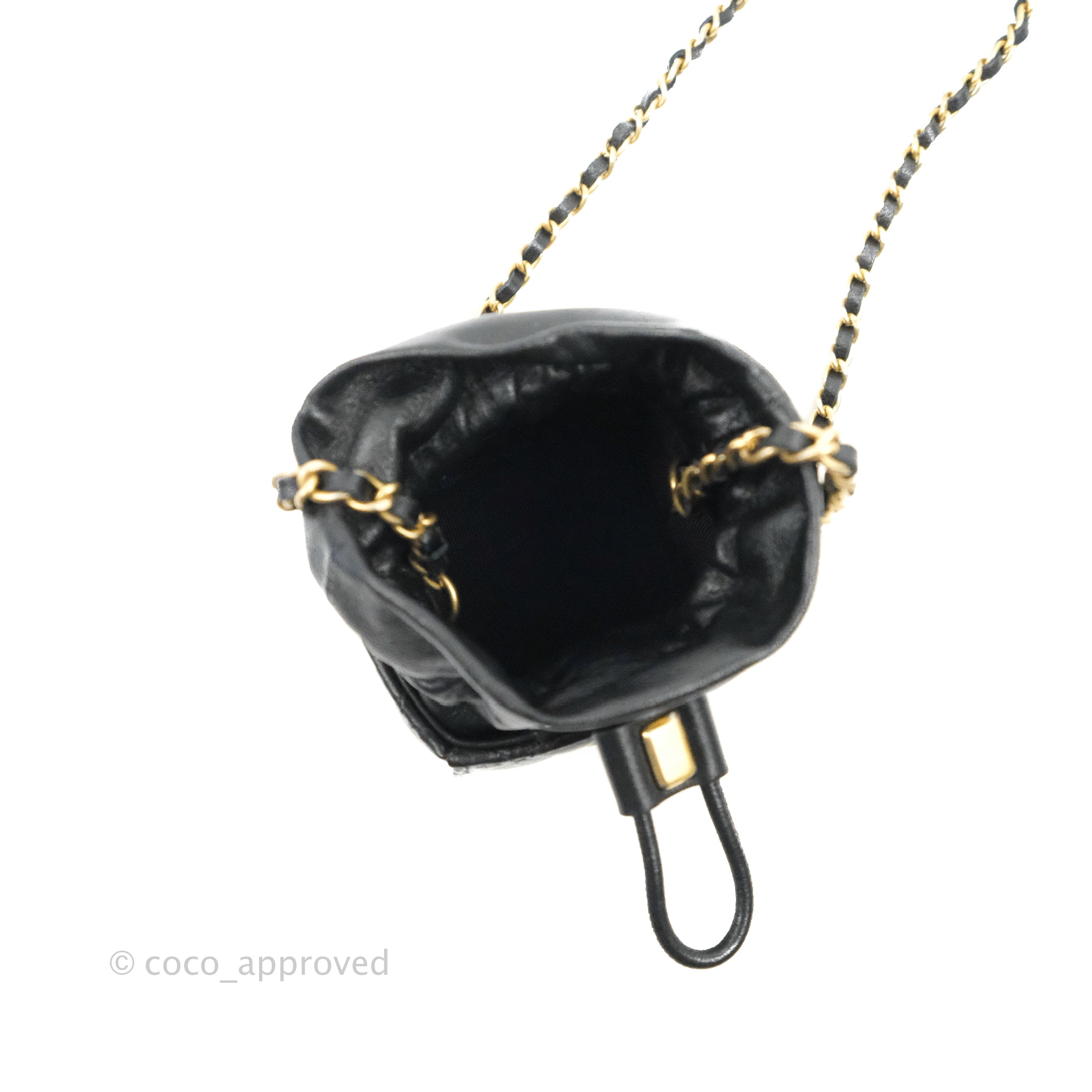 Chanel Mini Drawstring Bucket Bag with Chain Black Calfskin Aged Gold – Coco  Approved Studio