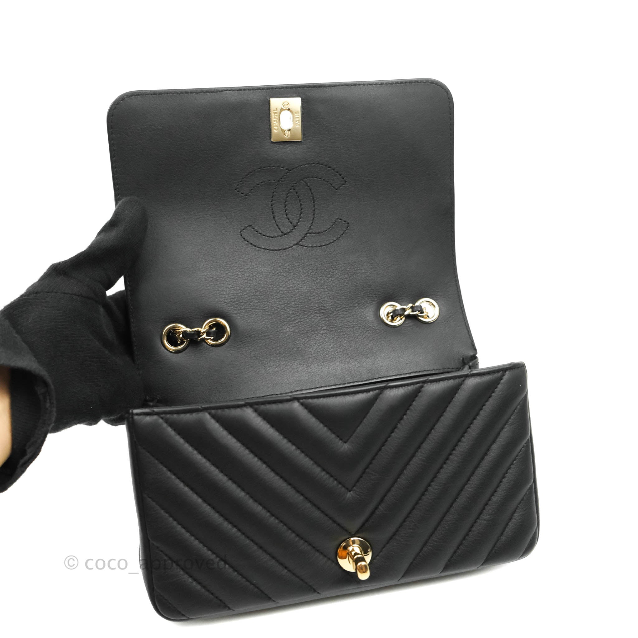 Chanel Small Statement Chevron Flap Bag Black Gold Hardware – Coco Approved  Studio