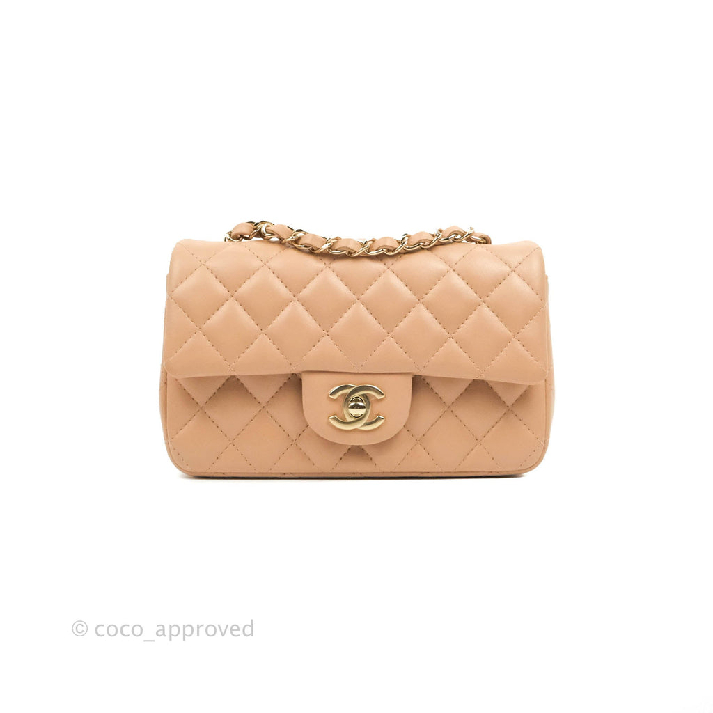Chanel Mini Rectangular Flap Quilted Beige Pink Lambskin Gold Hardware