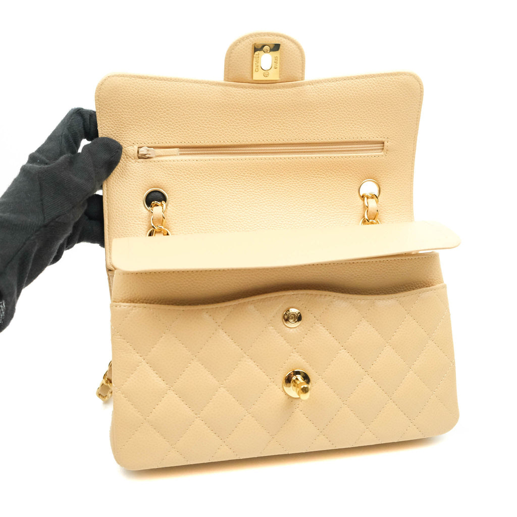 Chanel Small Classic Quilted Flap Beige Caviar Gold Hardware