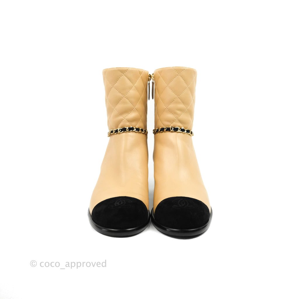 Chanel Chain Link CC Cap-toe Ankle Boots Beige Lambskin Black Suede Size 38.5