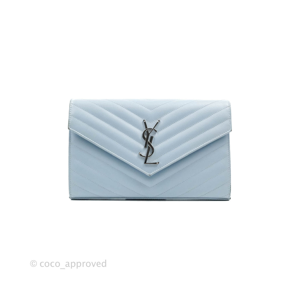 Saint Laurent Wallet on Chain Light Blue Grained Leather Silver Hardware