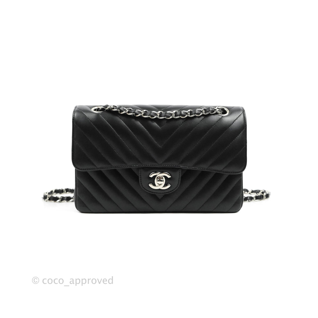 Chanel Classic Chevron S/M Small Double Flap Black Lambskin Silver Hardware