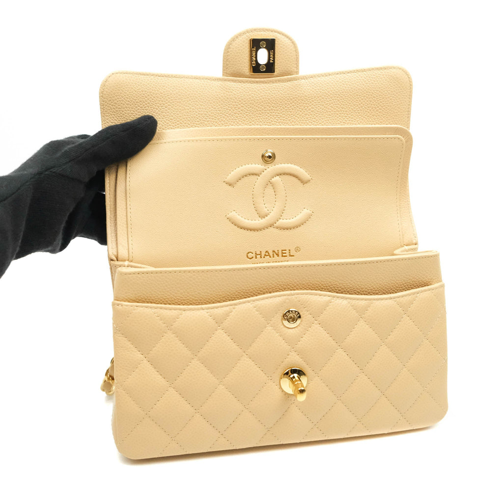 Chanel Small Classic Quilted Flap Beige Caviar Gold Hardware