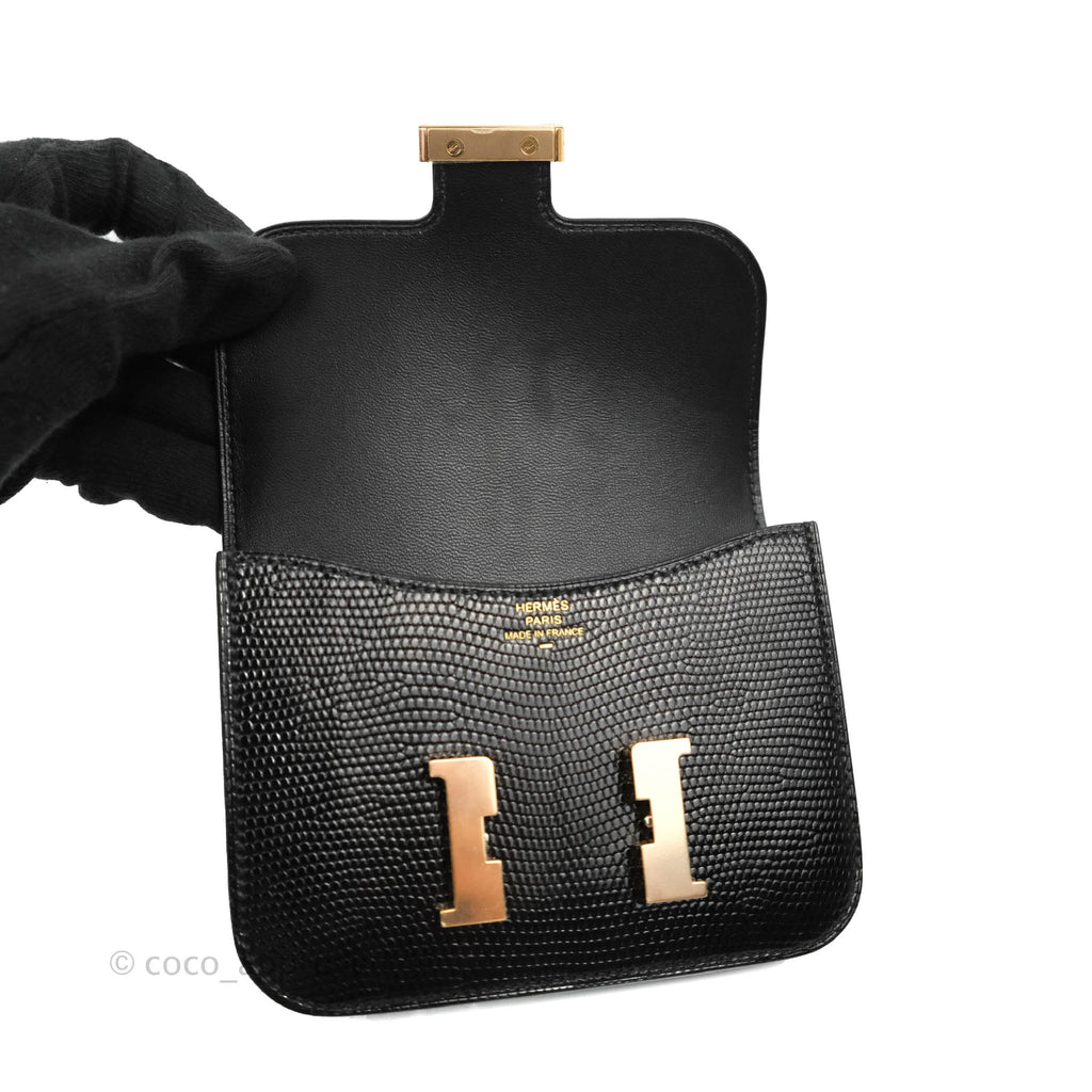 Hermès Constance Slim Wallet Black Lizard Leather Rose Gold Hardware