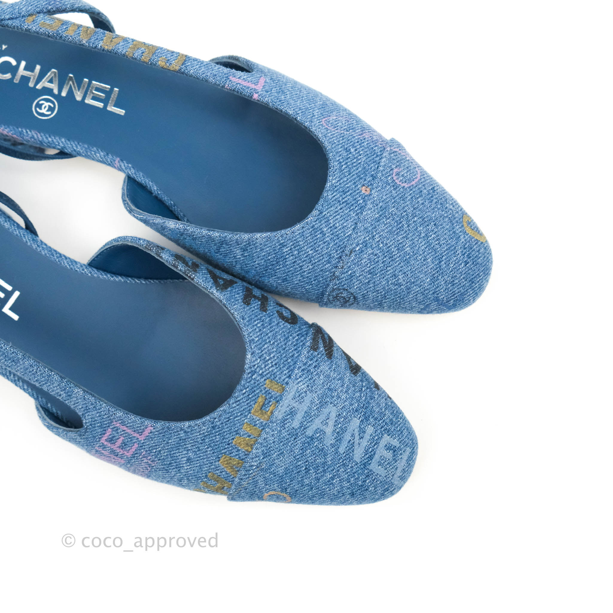 Chanel 21S Denim Blue Neon Mademoiselle Coco Sling Slingback Flat Sandal 37