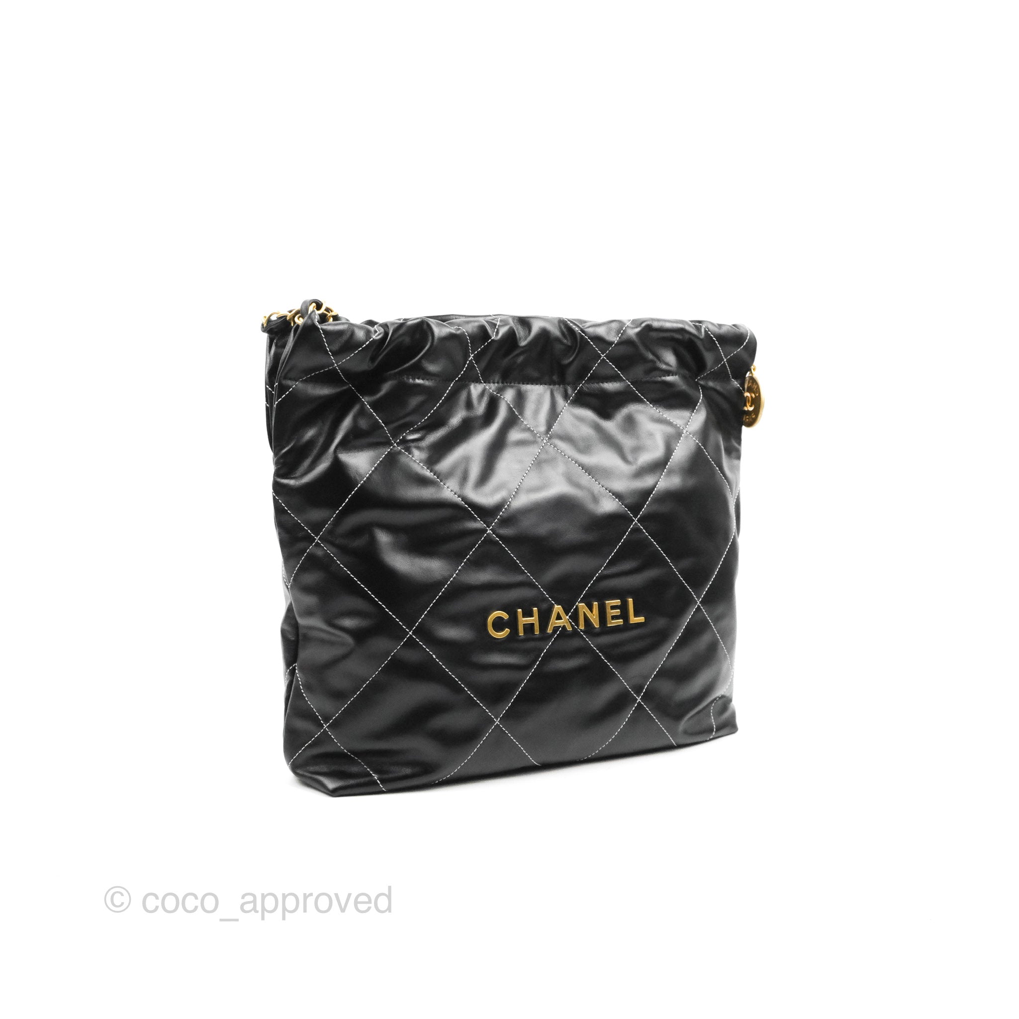 Chanel 22 Small Black Calfskin Contrast Stitch Aged Gold Hardware