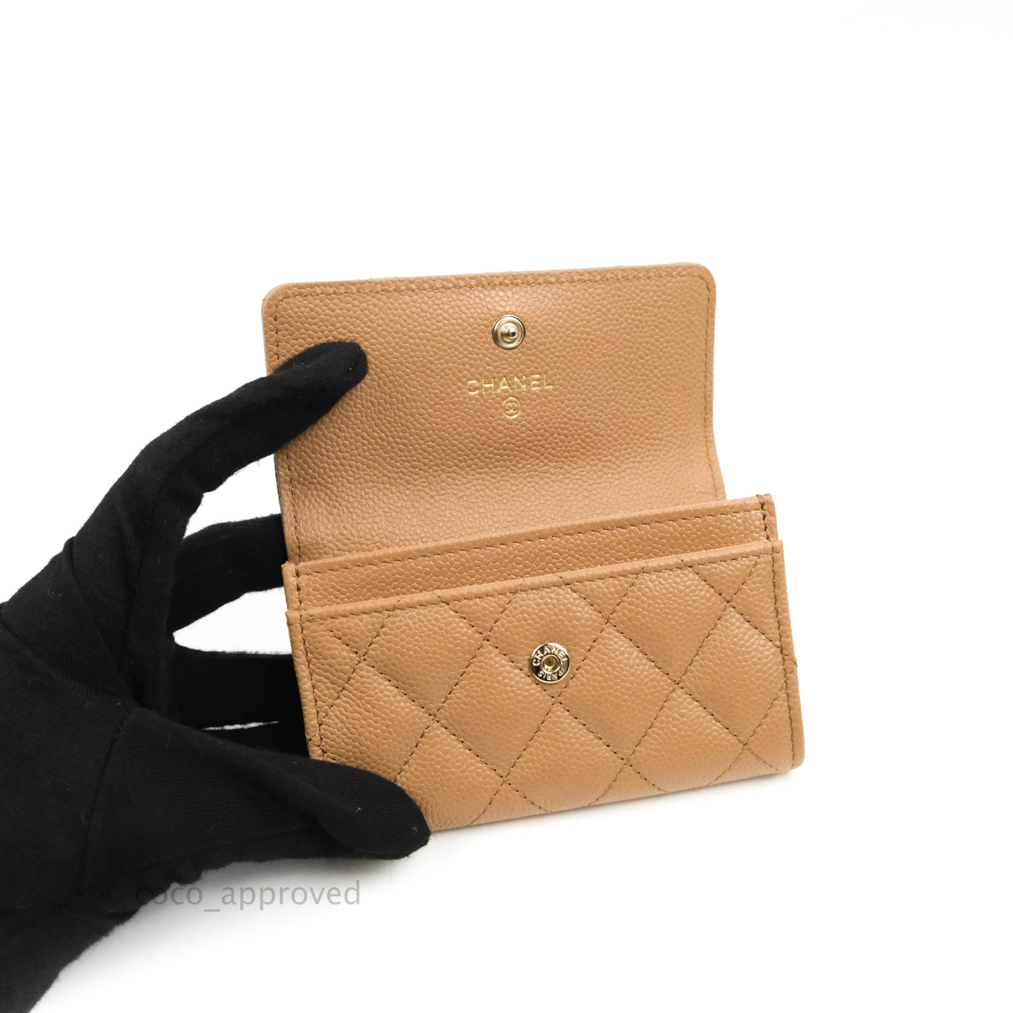 Chanel Quilted Flap Card Holder Dark Beige Caviar Gold Hardware