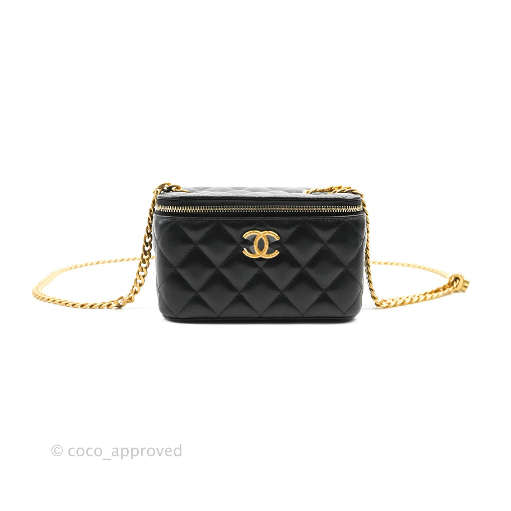 Chanel Vanity with Adjustable Chain Black Lambskin Aged Gold Hardware 22K