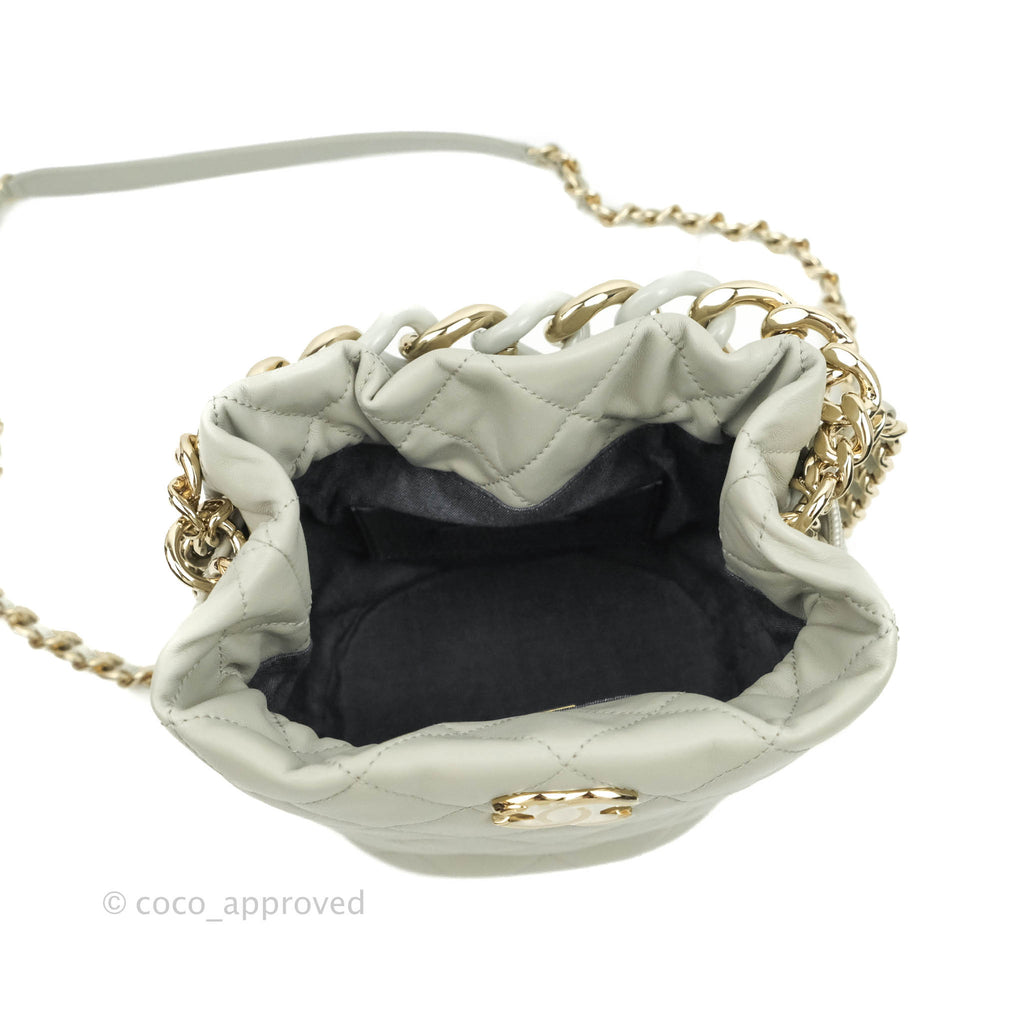 Chanel Quilted Drawstring Bucket Bag Grey Lambskin Gold Hardware