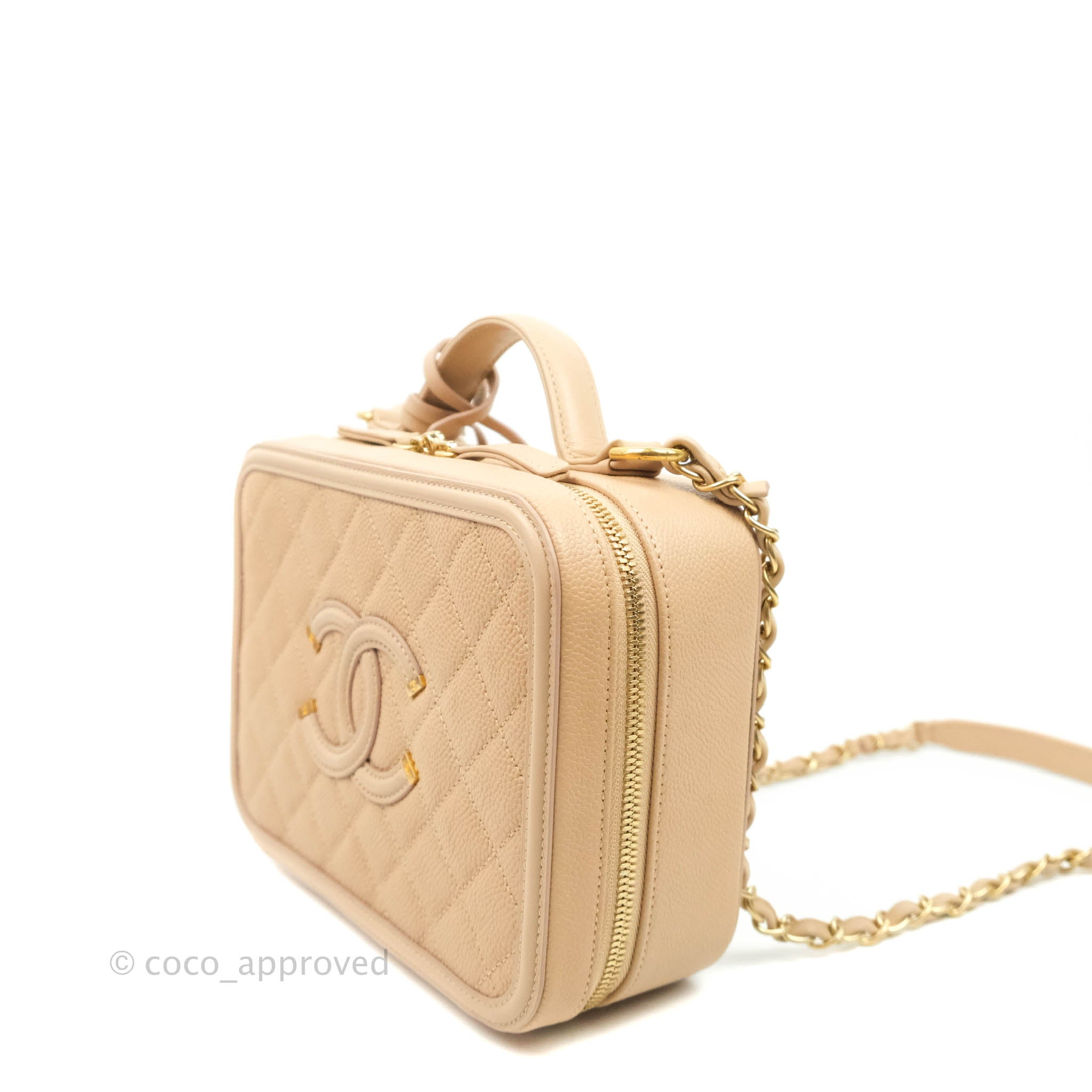 Chanel Quilted Medium CC Filigree Vanity Case Beige Caviar Gold