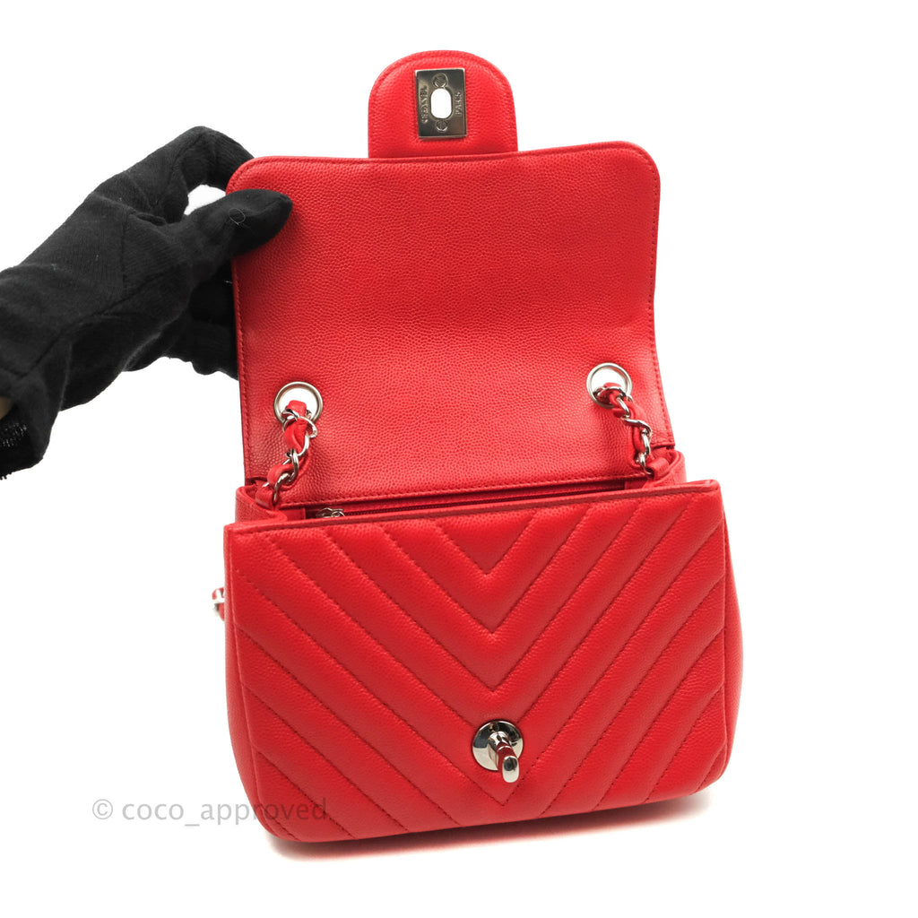 Chanel Mini Square Red Chevron Caviar Silver Hardware